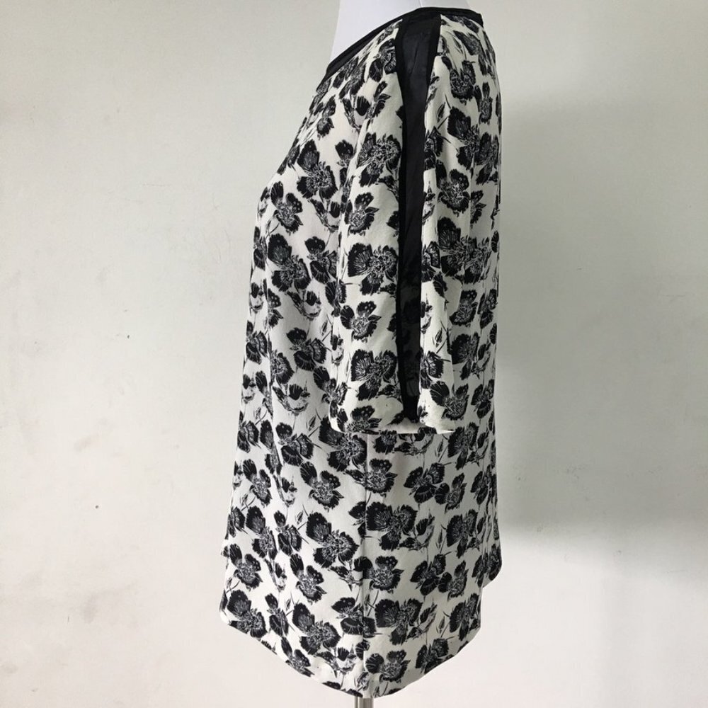 A.L.C. Women's Black White Floral Short Sleeve 100% Silk Crew Blouse Size Large - Picture 8 of 14